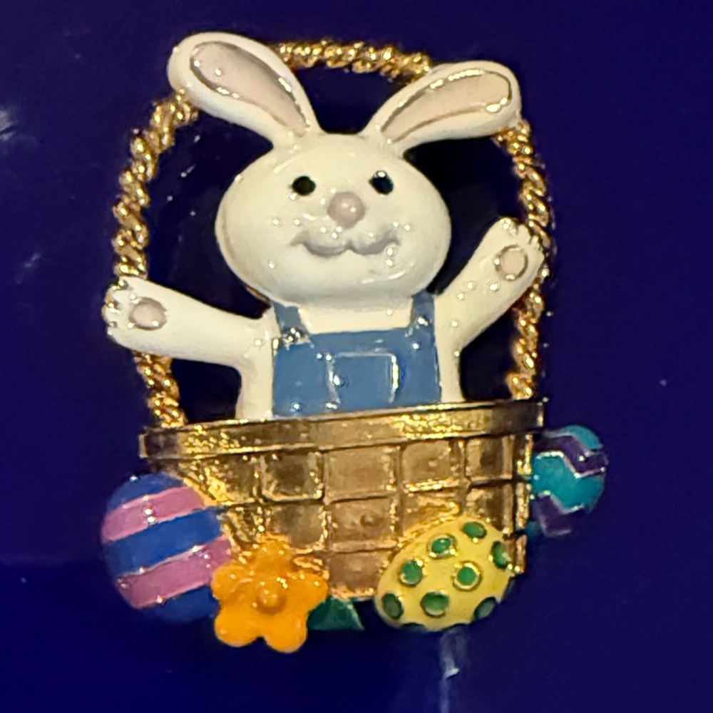 Vintage O.R.A. Brooch Easter Bunny Basket - Gold and Multicolor